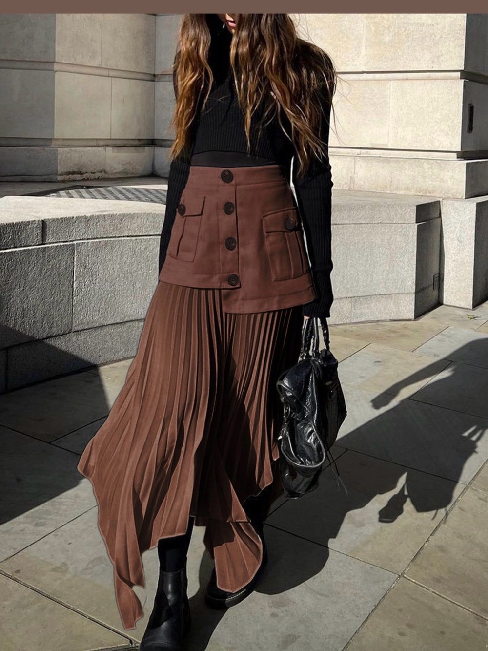 Commense Brown Asymmetrical Pleated Maxi Skirt